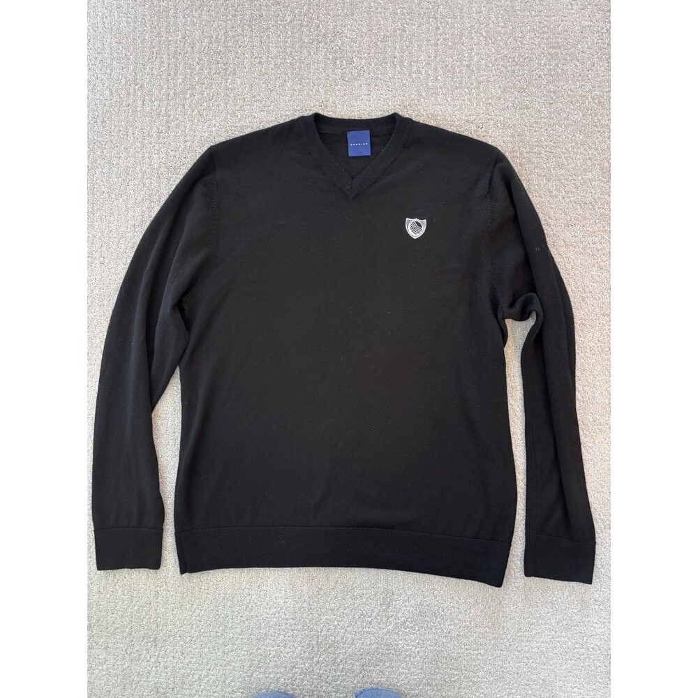 Dunning Men’s V-Neck Merino Wool Black Sweater Logo Golf Sz Large Preppy Classic